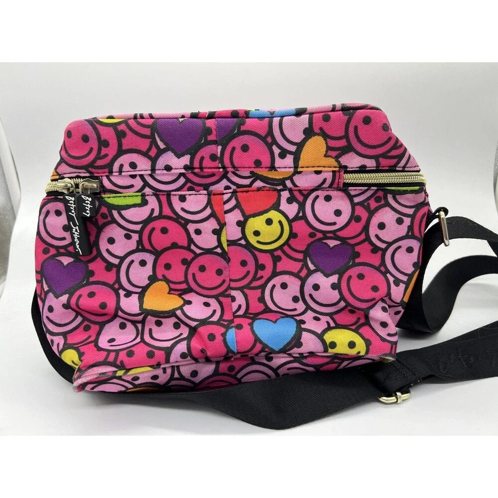 Betsey Johnson Smiley Face Hearts Lunch Bag Pink Kids Insulated Strap Novelty